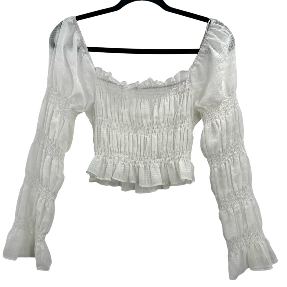 White Smocked Ruffle Crop Top Puff Sleeve Cottagecore Milkmaid Boho Romantic